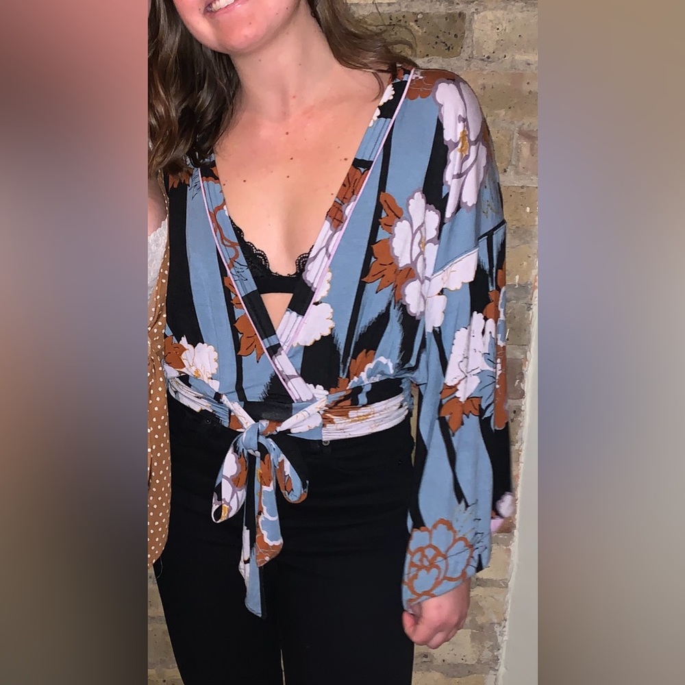Free People Floral Wrap Blouse - Blue and Brown